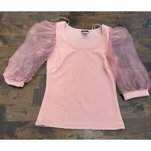 Jacaranda Women’s Pink Sheer Organza Embroidered Lace Puff Sleeve Top S